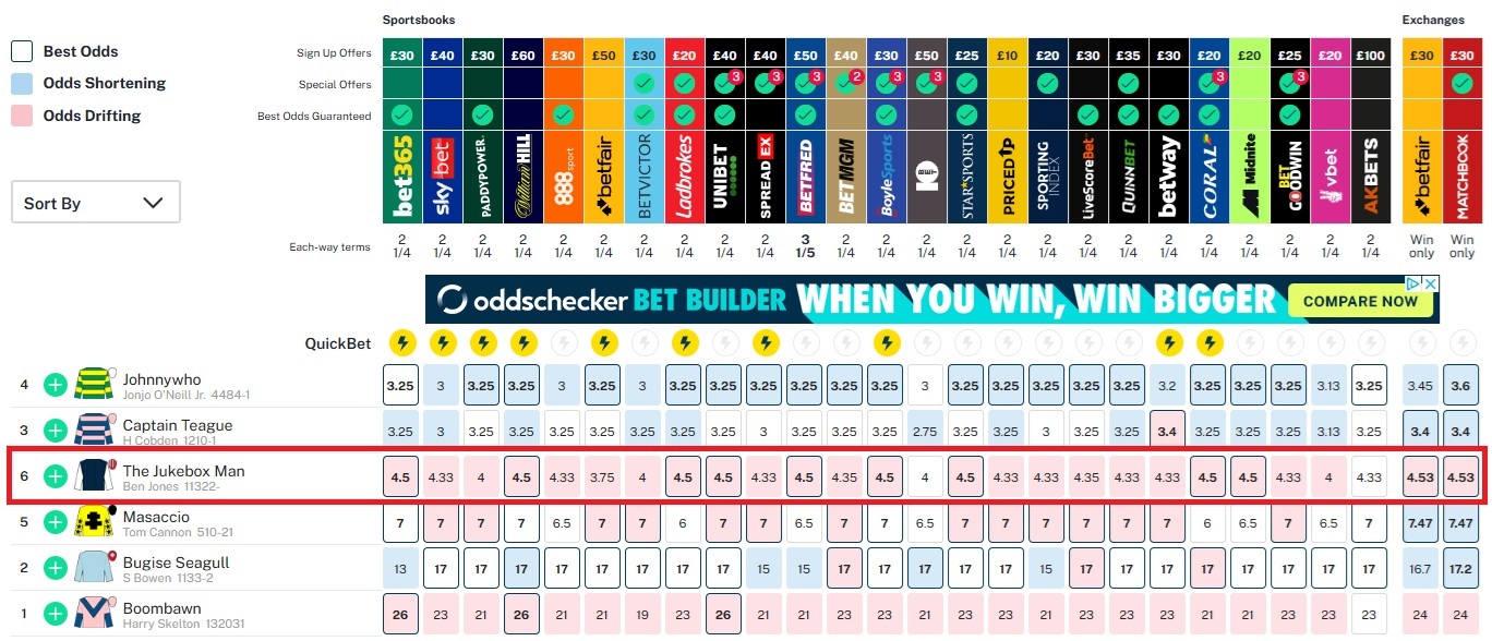 Odds checker odds display of the 1.55pm newbury race with The Jukebox man highlighted